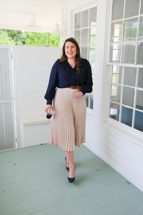 Styling a Beige Skirt at the Office - The Docket Office Outfits Midsize, Womens Business Professional, Spring Workwear, Outfit Midsize, Summer Workwear, Workwear Capsule Wardrobe, Professional Skirt, Workwear Capsule, Brown Heeled Boots