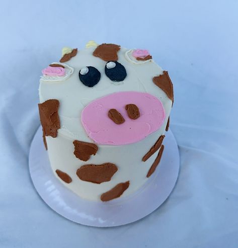 A cow smash cake!!! 🐮🐄 ~This is a 4 in 3 layer vanilla cake with vanilla buttercream. She asked for brown spots and cow themed. Why do they cake it a smash cake? because babies just can’t resist digging in when given their very own little cake, so they smash it with their hands and face! Usually this cake is given at first birthday parties but really anyone can have them 🫶🏽 Cow Smash Cake First Birthdays, Cow Cake One Year Old, Smash Cake Cow, Cow Smash Cake Photoshoot, Cow Cake Smash Photography, Cow Print Cakes, Cow Cakes, Smash Cake Boy, 1st Birthday Cake Smash