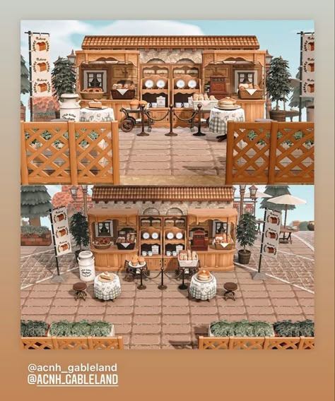 Acnh Restaurant Build, Cafe Stall Design Animal Crossing, Acnh Storefront Ideas, Museum Cafe Animal Crossing, Acnh Post Office Ideas, Animal Crossing European Town, Animal Crossing Medieval Market, Animal Crossing Market Place, Acnh Restaurant Designs