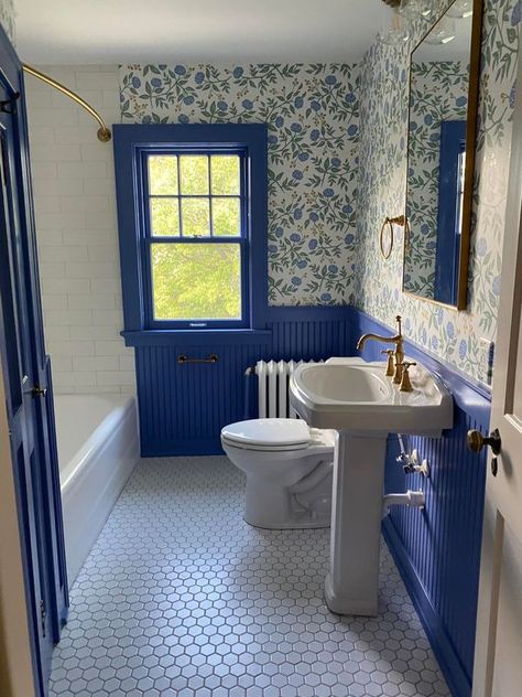 Our Old House | Facebook French Country Craftsman, Periwinkle Bathroom, Classic Bathroom Inspiration, Craftsman Wallpaper, Country Craftsman, Blue Cornflower, Classic Bathroom, Blue Bathroom, West Side