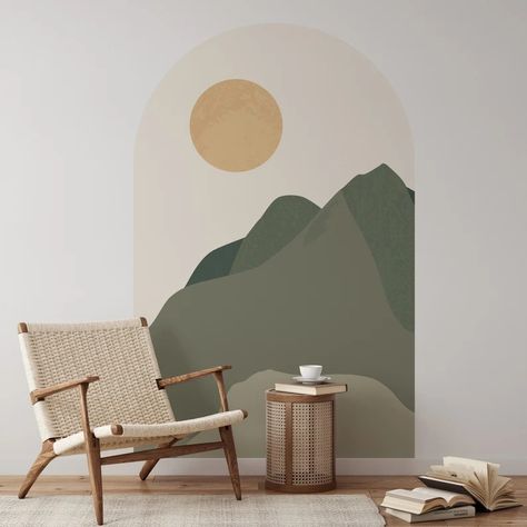 Sage Sun Mountans Arch Wall Decal Peel and Stick Green Modern Arch Wall Sticker Removable Self Adhesive Wall Art Headboard Sticker - Etsy Green Wallpaper Room Ideas, Wall Paint Sage Green, Sage Green Kitchen Accents, Wall Murals Painted Living Room, Living Room Mural Ideas, Unique Wall Painting Ideas, Wall Art Headboard, Art Headboard, Arch Wall Decal