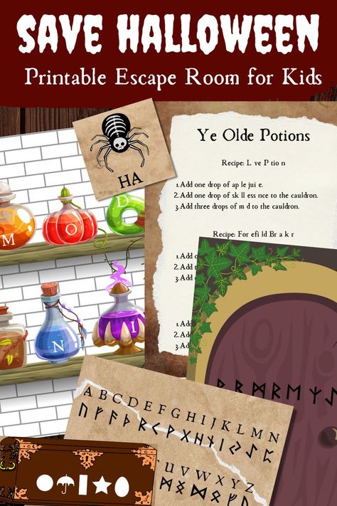 This Printable Halloween Escape Room for Kids is a great way to have some spooky fun at home! Solve eight puzzles to defeat the evil wizard who's threatening to destroy Halloween forever... Great for ages 8 - 12, no locks required! #printable #halloween #escaperoom #escapegame Diy Halloween Escape Room, Halloween Escape Room For Kids, Diy Haunted House, Halloween Escape Room, Family Games Night, Room For Kids, Haunted House Diy, Potions Recipes, Escape Room For Kids