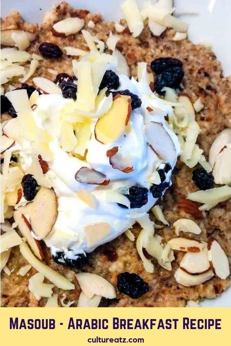 Looking for new exotic breakfast ideas? This delicious Arabic breakfast called Masoub is an easy Saudi Arabian banana bread pudding recipe. Finish off this Saudi Arabia food breakfast recipe also know as masoob) with almonds, raisins, whip cream, honey, and cheddar. Learn how to make it here https://cultureatz.com/masoub-banana-arabic-breakfast-recipe  #masoub #masoob #saudiarabiafood #breakfastrecipe #breakfastideas Breakfast Banana Bread, Arabic Breakfast, Arabisk Mad, Banana Bread Pudding, Breakfast Banana, Cream Honey, Arabian Food, Banana Breakfast, Quick Breakfast Recipes