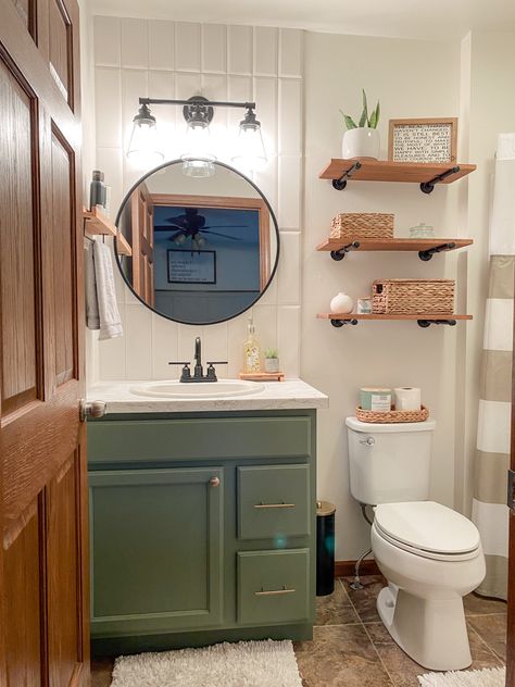 Bathroom Update Without Remodel, Bathroom Counter Extension, Small Bathroom Backsplash Ideas Vanities, Small Bathroom Painted Vanity, Bathroom Vanity No Backsplash, Tan Floor Bathroom, Tile Behind Bathroom Vanity, Tile Behind Vanity, Small Bathroom Update