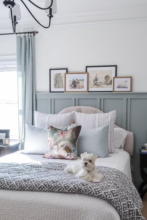 Eucalyptus Color Bedroom, Bedrooms With Wainscoting, Bedroom Molding Ideas, Blue Paint Bedroom, Primary Bedroom Paint Colors, Green Paint Colors Bedroom, Porch Daydreamer, Green Bedroom Paint, Bedroom Paint Color