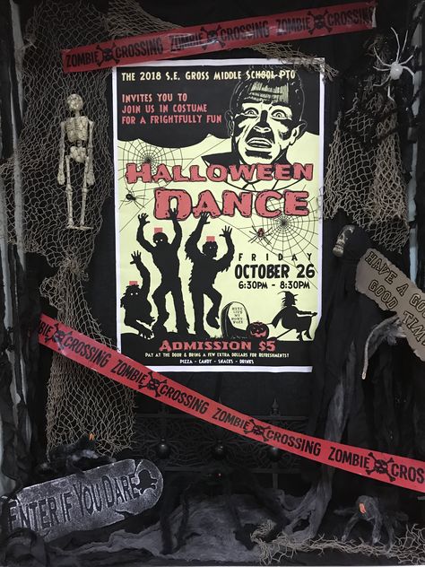 Halloween Dance Theme Ideas, Middle School Halloween Dance Ideas, Middle School Halloween Dance Decorations, Halloween Dance Decor, Halloween Dance Poster Ideas, Halloween Dance Ideas, School Halloween Dance, School Halloween Party Decorations, Halloween Dance Decorations