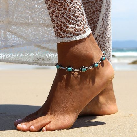 Turquoise anklet with silver antique details for by ForeverSoles Turquoise Ankle Bracelet, Turquoise Anklet, Womens Ankle Bracelets, Silver Ankle Bracelet, Beaded Ankle Bracelets, Boho Turquoise, Beaded Ankle, Beach Anklets, Women Anklets