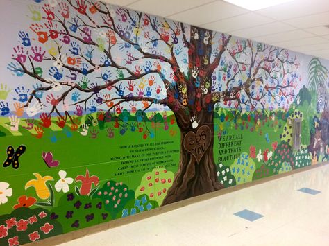 Handprint Tree, We are all different and that's beautiful Mural Wall Art Tree, Handprint Mural School, Handprint Wall Mural, Handprint Tree Mural, Mural Art For School, Hand Print Mural, Tree With Handprints, Handprint Mural, Tree Mural Kids