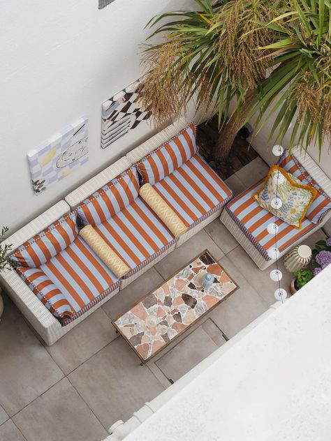 How I Made My Narrow Patio Feel Like an Outdoor Living Room Narrow Patio, Terrazzo Floors, British Seaside, Outdoor Couch, Save Room, Patio Makeover, Outdoor Living Room, Style Deco, Instagram Baby