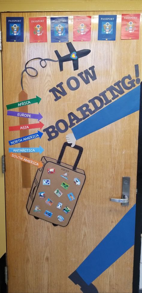 All around the world theme door design. Around The World Theme Bulletin Board, Around The World Classroom Theme Bulletin Boards, Where In The World Bulletin Board, Now Boarding Classroom Door, Airplane School Theme, Around The World Classroom Theme Ideas, Airport Themed Classroom, Around The World Display Board, Travel Themed Decorations