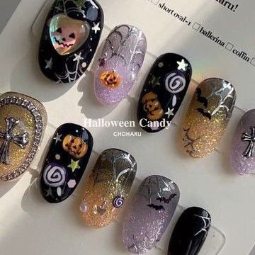 Halloween Jelly Nails, Halloween Nails Korean, Holiday Nails Halloween, Japanese Halloween Nails, Halloween Korean Nails, Korean Halloween Nails, Nail Halloween Designs, Kawaii Halloween Nails, Nails Square Halloween