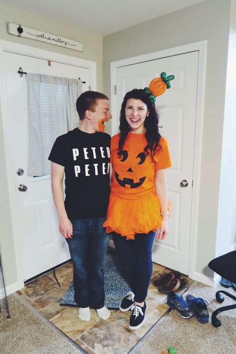 Iron on letters/pumpkin face + cheap t-shirts from Hobby Lobby = a super cheap and easy couple’s costume! Peter Pumpkin Eater, Peter Peter Pumpkin Eater, Peter Pumpkin, Unique Couple Halloween Costumes, Funny Couple Halloween Costumes, Lady Bug Tattoo, Pumpkin Eater, Bug Tattoo, Iron On Letters