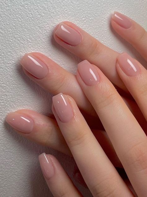 shimmery nude short nails Short And Natural Nails, Nude Nails Coffin Short, Simple Gel Nail Colors, Short Neutral Nails With Design, Korean Neutral Nails, Short Bridesmaid Nail Ideas, Nude Nail Color Ideas, Bridesmaid Nails Almond, Short Nails Nude Color