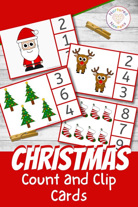 These cute Christmas themed count and clip cards are a simple way to develop those early counting skills. But not only do they get to practice counting and number recognition, the squeezing of clothespins are also a wonderful way to develop their fine motor skills as well! Grab the Christmas math activity over at Nurtured Neurons today! #christmas #christmasmath #clipcards #christmasprintables #earlymath #preschoolmath #kindergartenmath #counting #finemotor Christmas Math For Toddlers, Christmas Counting Activities Preschool, Count And Clip Cards Free, Christmas Math Activities Preschool, Christmas Games For Toddlers, Christmas Counting Activities, Christmas Fine Motor Activities, Christmas Maths, Christmas Math Games