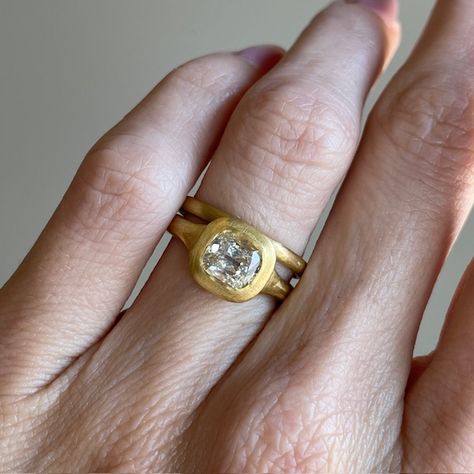 22k & Cushion-Cut Old Mine Cut Diamond Greek-Inspired Ring, stacked with its perfect complementary 22k Gold Band match, by Rosanne Pugliese  #rosannepugliese #futureheirlooms #augustla Chunky Gold Ring With Diamonds, Chunky Gold And Diamond Rings, Mine Cut Vintage Ring, Old Mine Cut Engagement Ring Gold, Old Mine Cut Diamond, Future Engagement Rings, Contemporary Ring, Crown Jewels, Jewelry Lookbook