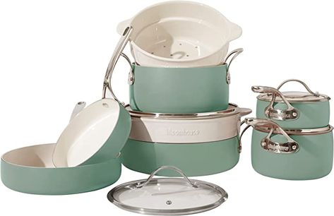 Bloomhouse - Oprah's Favorite Things - 12 Piece Aluminum Enamel Cookware Set w/Non-stick Non-toxic Ceramic Interior, Ceramic Steamer Insert, & 12 Protective Care Bags - Sage Green Ceramic Steamer, Cute Cooking, Ceramic Nonstick Cookware, Sage Green Aesthetic, Ceramic Interior, Enamel Cookware, Kitchen Favorites, Amazon Wish List, Organization Station