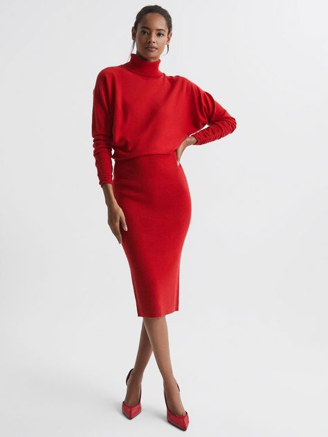 Reiss Fallon Cashmere Blend Knee Length Dress, Red at John Lewis & Partners Roll Neck Dress, Plain Canvas, Bold Accessories, Cashmere Yarn, Dress Shapes, Cashmere Wool, Roll Neck, Dress Red, Knee Length Dress