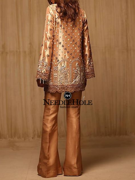 SALE 10% OFF EVERYTHING Designer Party Dress For Women Fawn Stand Collar Cocktail Outfit Features Thigh Length Embellished Shirt With Full Sleeves Pleated Bell Bottom Trouser and Dupatta http://www.needlehole.com/designer-party-dress-for-women-fawn-stand-collar-cocktail-outfit-shirt-with-full-sleeves-pleated-bell-bottom-trouser-and-dupatta.html#.XJ8YPzFubDc  WhatsApp: USA: +1 862 2180556 UK: +44 208 1239631  Landline Phone: USA: +1 862 2180556 UK: +44 208 1239631  #women #salwarkameez #shalwarka Trouser Designs Pakistani, Indian Formal Dresses, Bell Bottom Trouser, Sania Maskatiya, Latest Pakistani Dresses, Pakistani Women Dresses, Pakistani Party Wear, Designer Party Dresses, Embellished Shirt