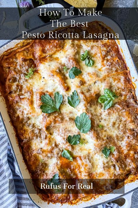 creamy pesto ricotta lasagna with fresh herb garnishes Rao's Lasagna Recipe, Lasagna With Ricotta Cheese, Recipe With Ricotta, Ricotta Lasagna, Best Pesto, Pesto Ricotta, Pasta Recipes For Kids, Lasagna With Ricotta, Pesto Lasagna