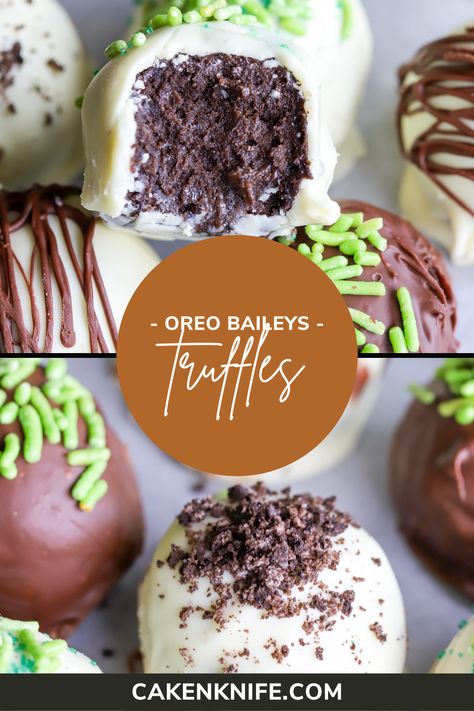 Oreo Bailey’s Truffles are creamy, rich, and a little bit boozy! The festive balls are ideal for your St. Patrick’s Day celebrations. You can easily make them ahead of time and they are make fabulous gifts too! | cakenknife.com Baileys Balls Recipe, Hot Chocolate Espresso, Bailey Truffles, Irish Cream Recipe, Alcohol Cake, Oreo Cookie Balls, Baileys Recipes, Christmas Truffles, Truffles Recipe