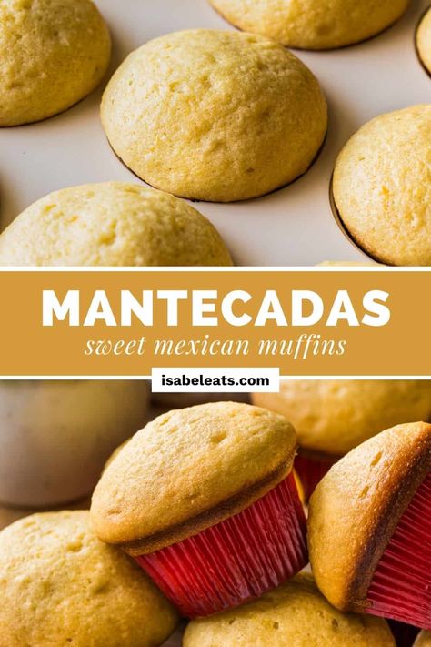 Mantecadas are an iconic Mexican sweet bread, similar to muffins, that have a light texture, yellow color, and bright red cupcake liner. Mexican Baking Recipes, Mexican Baked Goods, Mexican Muffins, Mantecadas Recipe, Mexican Baking, Latina Recipes, Mexican Cupcakes, Mexican Sweet Bread, Mexican Bakery