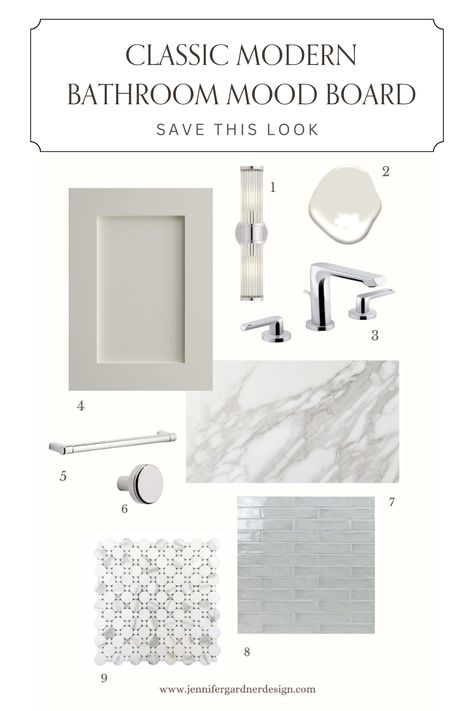 Transform your bathroom into a luxurious oasis with our Get The Look: Bathroom Mood Boards, featuring classic modern inspiration and ideas that will make your bathroom the relaxing retreat you've always wanted. Explore our collection of beautiful designs, textures, and colors, and find the perfect blend of style and function for your personal space. Don't wait – save this pin now to start your ultimate classic modern bathroom transformation! Modern Classic Bathroom Tile, Modern Elegant Bathroom Ideas, Mood Board For Bathroom Design, Bathrooms With Chrome Fixtures, Mood Boards Bathroom Inspiration, Guest Bathroom Mood Board, Bathroom Design Mood Board, Modern Coastal Bathroom Design, Transitional Master Bath Ideas