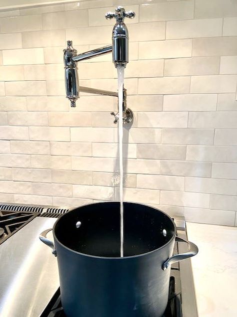 Pot Fillers Over Stove Placement, Pot Filler Placement, Pot Fillers Over Stove, Filler Placement, Lady Lair, Brass Pot Filler, Kitchen Renovation Design, Pot Filler Kitchen, Stove Backsplash