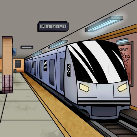 A step by step guide on drawing a subway train in a comic book style. Metro Pictures, Train Drawing, Metro Paris, Perspective Drawing Architecture, Perspective Drawing Lessons, One Point Perspective, Subway Train, Train Art, Perspective Art