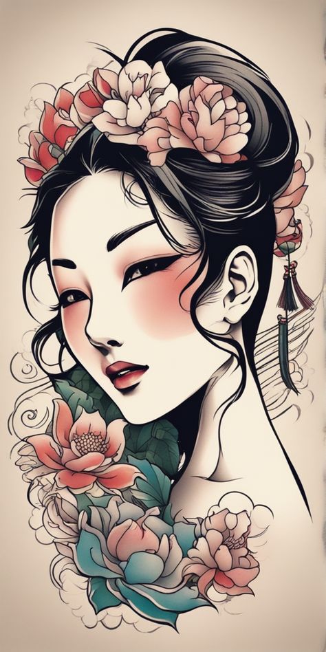 A vibrant, small, Japanese style tattoo design for women is displayed over a blank canvas. The design, rooted in traditional Japanese aesthetics, boasts an array of rich, enchanting colors. Colored Small Tattoos, Japanese Geisha Tattoo Traditional, Japanese Woman Tattoo, Japanese Style Tattoo, Japanese Geisha Tattoo, Tattoo Design For Women, Small Tattoos For Women, Geisha Tattoo, Style Tattoo