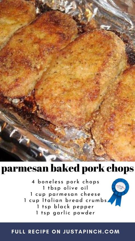 Baked Pork Chops Recipes, Parmesan Baked Pork Chops, Parmesan Cheese Bread, Pork Chops Recipes, Italian Bread Crumbs, Parmesan Pork Chops, Pork Chop Recipes Baked, Boneless Pork Chops, Baked Pork Chops