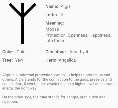 ✨Algiz norse rune ✨ Algiz Rune Meaning, Algiz Rune Tattoo, Rune Stone Meanings, Norse Runes Meanings, Z Meaning, Rune Symbols And Meanings, Algiz Rune, Rune Alphabet, Runes Meaning