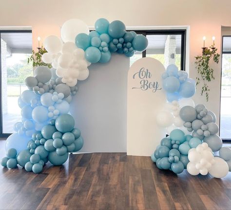 Baby Boy Dedication Party Ideas, Baby Boy Balloon Arch, Baby Boy Shower Backdrop, Baby Shower Backdrop Boy, Boy Baby Shower Backdrop, Baby Dedication Party, Winter Baby Shower Decorations, Baby Boy Balloons