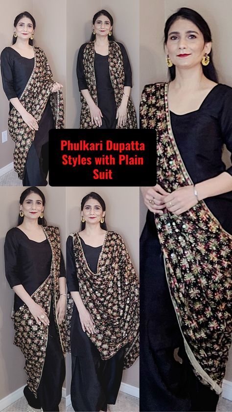 Phulkari Dupatta Styles Dupatta Styling, Dupatta Draping, Modest Casual, Dupatta Style, Indian Suit, Modest Casual Outfits, Phulkari Dupatta, Kurta Neck Design, Indian Wedding Ceremony