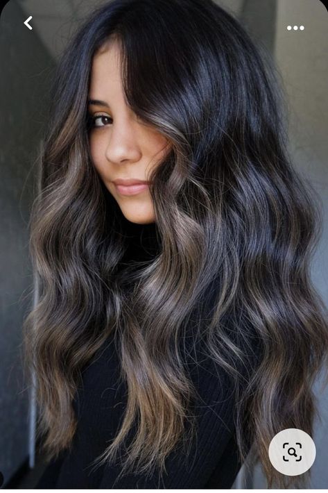 Black Hair With Subtle Money Piece, California Balayage Brunette, Face Frame Balayage Dark Hair, Dark Cool Balayage, Dark Brown Hair With Face Framing Highlights Brunettes, Mis Length Haircut, Balayage For Dark Brown Hair Long, Balayage In Dark Hair, Partial Balayage Brunettes Dark Brown