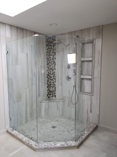 Replaced corner Jacuzzi tub with walk in shower Replace Corner Tub With Shower Walk In, Corner Tile Shower Ideas Walk In, Corner Shower No Door, Corner Walk In Shower Ideas, Corner Shower Remodel, Shower Bench Built In, Corner Shower Tile, Master Shower Ideas, Shower No Door