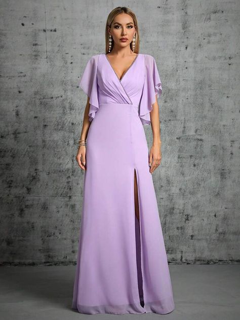 Vestido Color Lila, Curvy Boho, Summer Cocktail Dress, Purple Collar, Purple Bridesmaid Dresses, Formal Wear Dresses, Purple Party, Pleated Chiffon, Beaded Collar