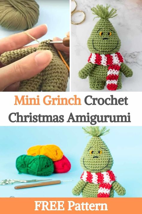 Start preparing for Christmas with this crochet ornament! Mini Grinch amigurumi free pattern! You can put it around your home as part of your Christmas decorations for this year, or give it to that "Grinch/grumpy" person who is not very holiday this season to bring him/her some Christmas joy. This is a two-part video tutorial, one for the body and the other one for the last details like the face and the little scarf, we'll leave both down below. You can also find the complete free pattern at... Grinch Baby, Preparing For Christmas, Holiday Crochet Patterns, Crochet Christmas Ornaments Free, Crochet Ornament Patterns, Christmas Crochet Patterns Free, Crochet Xmas, Crochet Christmas Decorations, Crochet Baby Toys