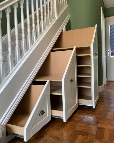 Under Stairs Storage, Make Use of the Awkward Space Beneath the Stairs - Etsy UK Under Stairs Storage Shoes, Understairs Storage Design, Under Stairs Library, Shelving Alcove, Stairs Library, Under Stairs Space, Room Panelling, Under Stairs Storage Ideas, Stairs Storage Ideas