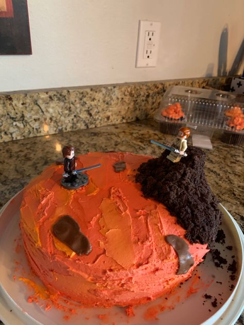 Homemade for boyfriends birthday. Dyed dufferent frostings and I used extra cake and tootsie rolls for lava and scenery Revenge Of The Sith Cake, Homemade Birthday Cake, Birthday Cake For Boyfriend, Tootsie Rolls, Cake For Boyfriend, Revenge Of The Sith, Homemade Birthday, The Sith, Tootsie Roll