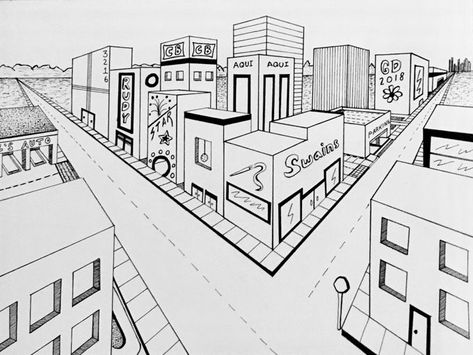 Two Point Perspective City, Perspective Building Drawing, 2 Point Perspective City, Perspective Cityscape, Perspective City, 2 Point Perspective Drawing, 2 Point Perspective, Perspective Lessons, Cityscape Drawing