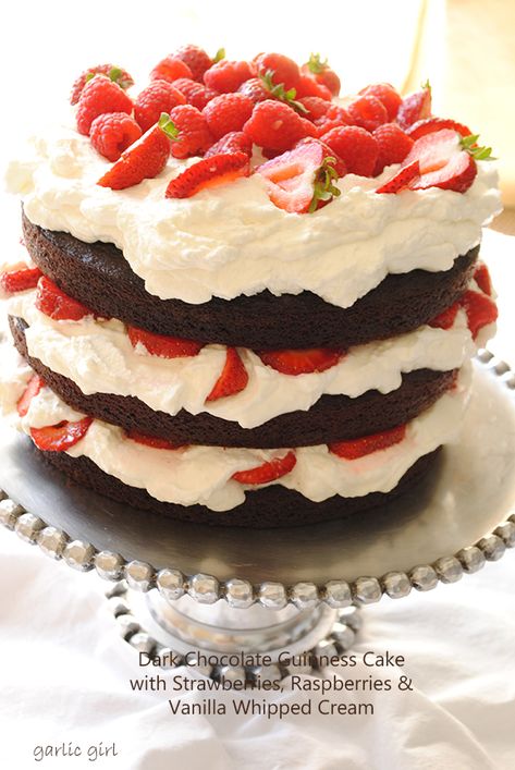 Dark Chocolate Guinness Cake with Berries and Whipped Cream Booze Cakes, Cake With Whipped Cream Frosting, Raspberry Whipped Cream, Chocolate Guinness Cake, Cake With Berries, Strawberry Sweets, Cake With Strawberries, Guinness Cake, Strawberry Whipped Cream