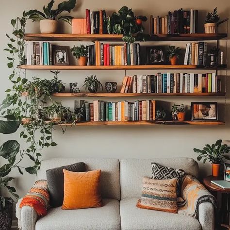 DIY Floating Shelves for Small Spaces - Recipes Time Large Floating Book Shelves, Floating Shelves Full Wall, High Floating Shelf, Floating Bookshelves Above Couch, Shelf High On Wall, Bookshelves On Wall Small Spaces, Floating Shelf Bookshelf, Bookshelf Wall Behind Couch, Track Shelving Bookshelves