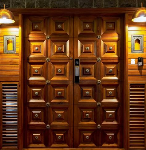 'Swapnalay' is a Home Designed with Accents of the Era Gone By | Studio Infinity Traditional Main Door Design, Traditional Main Door Design Indian, Door Design Indian, Main Door Lock, King Furniture, Safety Door, Double Door Design, Entrance Door Design, Wooden Door Design