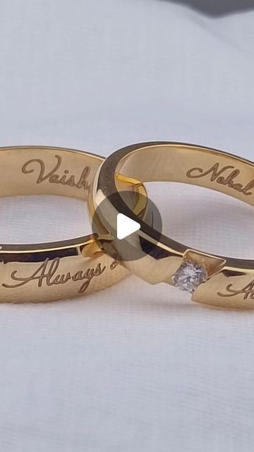 Personalized Wedding Bands (Ships Globally) on Instagram: "💫✨💍Setting couple goals with personalised quote engraved wedding couple rings!!! 💕Be Unique!!! 🫶Be Stylish!!!💍✨💫  #buynow at @www.augrav.com | 9894035834  #CustomGoldRings #EngravedLove #GoldCoupleBands #augrav_nm #augrav_wr #augrav_couple #augrav_love #PersonalizedRings #CoupleGoals #weddingring #wedding  #NameEngravedJewelry #GoldLove #ForeverYours #RingEngraving #CoupleRingGoals #CustomJewelry #GoldEngraving #NameInGold #LoveBands #GoldenCouple #EngravedTogether #EternalLove #HisAndHersRings #GoldBond #SymbolOfLove" Couple Wedding Rings With Names, Couples Ring Set Unique, Couple Wedding Rings Unique, Couple Bands Rings, Wedding Ring With Name, Name Rings Personalized, Wedding Couple Rings, Custom Gold Rings, Personalized Wedding Bands