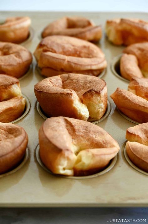 Forget the single-use pan in favor of this fool-proof Muffin Pan Popovers recipe that comes together in minutes. Best of all, you only need five simple ingredients: eggs, milk, salt, flour and butter. Popovers Recipes Muffin Tins, Pop Overs Recipe Muffin Tin, Popovers In Muffin Tin, Easy Popover Recipe, Popovers Recipes, Popovers Recipe, Muffin Pan Recipes, Chocolate Chip Cookie Cups, Fancy Kitchen