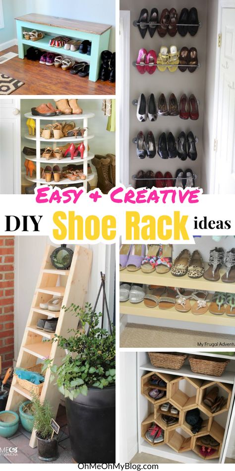 Shoes are one item that can clutter up an area fast. These DIY shoe racks and shoe storage solutions are easy ways to get them organized and keep your space neat and tidy! From wall mounted shoe racks to simple floor organization, there's shoe organization for anywhere in this list! #DIY #DIYprojects #organization #shoestorage Shoe Wall Storage Ideas, Shoe Rack Bench Ideas, Diy Shoe Rack For Garage, Wooden Shoe Rack Ideas Small Spaces, Shoe Wall Ideas, Diy Shoe Racks, Diy Entryway Shoe Storage, Diy Shoe Storage Ideas, Front Door Shoe Storage