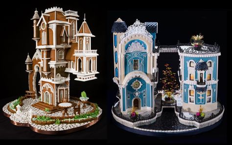 The World of Competitive Gingerbread Architecture  ||  Beatriz Müller won first place in the 2016 National Gingerbread House Competition in Asheville, North Carolina with this gingerbread house.  Photo: The Omni Grove Park Inn.  Entitled, “Dream House”, this gravity-defying Gothic-style home was made using only gingerbread, royal icing, pastillage, and fondant.  Photo: The Omni Grove Park Inn.  This year, Müller http://nuvomagazine.com/palate/stunning-world-competitive-gingerbread-architecture?u Gingerbread House Competition, Cool Gingerbread Houses, Grove Park Inn, Gingerbread House Designs, All Things Gingerbread, Cookie Exchange Party, Gingerbread Village, Cookie House, Gingerbread Recipe