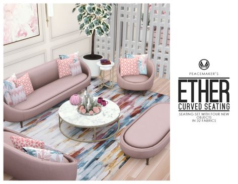 Ether Curved Seating - Four New Seating OptionsI wanted to create a curved sofa as a bit of a challenge from an image I found on pinterest (like usual) and ended up with the set you see above. I get modern but a bit of a retro vibe from this design and I surprisingly love it in pink. Another great sofa collection to add to my ever expanding catalogue of living room seating. Will I stop? Probably not. The Build/Buy items feature:basegame compatibilitynon-default4 meshes in total with betwe Sims 4 Living Room, Living Room Sims 4, Sims 4 Cc Furniture Living Rooms, Curved Seating, Sims Builds, Sims 4 Bedroom, Design House Stockholm, The Sims 4 Packs, Sims Ideas