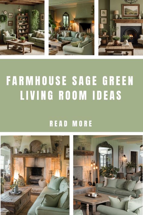 Collage of farmhouse living rooms with sage green decor and rustic elements. Gray Couch With Sage Green Pillows, Neutral With Green Living Room, Neutral Living Room With Pop Of Green, Sage Green Couch Living Room Ideas, Sage Green Farmhouse Living Room, Sage Green House Interior Aesthetic, Green Farmhouse Living Room, Cozy Green Living Room, Sage Living Room Color Scheme