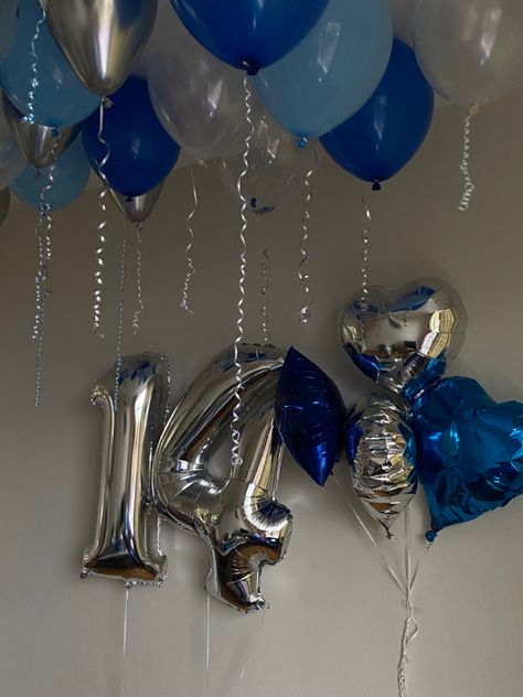 Baby Blue Birthday Theme, Dark Blue Party Theme, Birthday Decoration Ideas Blue, Blue Balloons Aesthetic, Fourteen Aesthetic, Birthday Themes Blue, Birthday Party Blue Theme, Birthday Aesthetic Blue, Dark Blue Birthday Theme